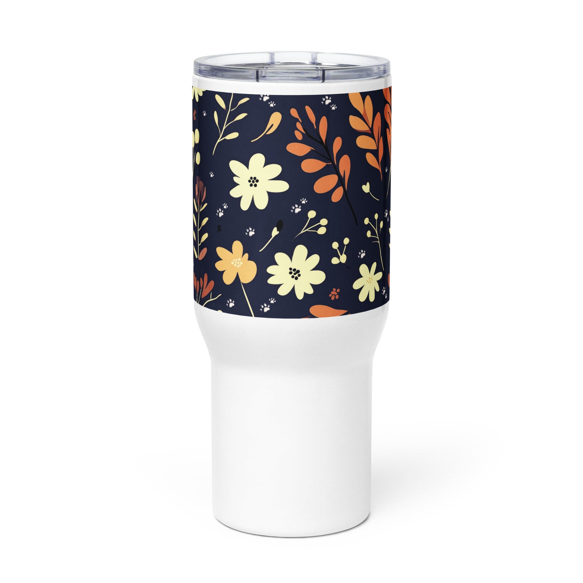 25oz Travel Mug with a Handle - Boho Flower and Paw Print Design [Blue] - Hobbster