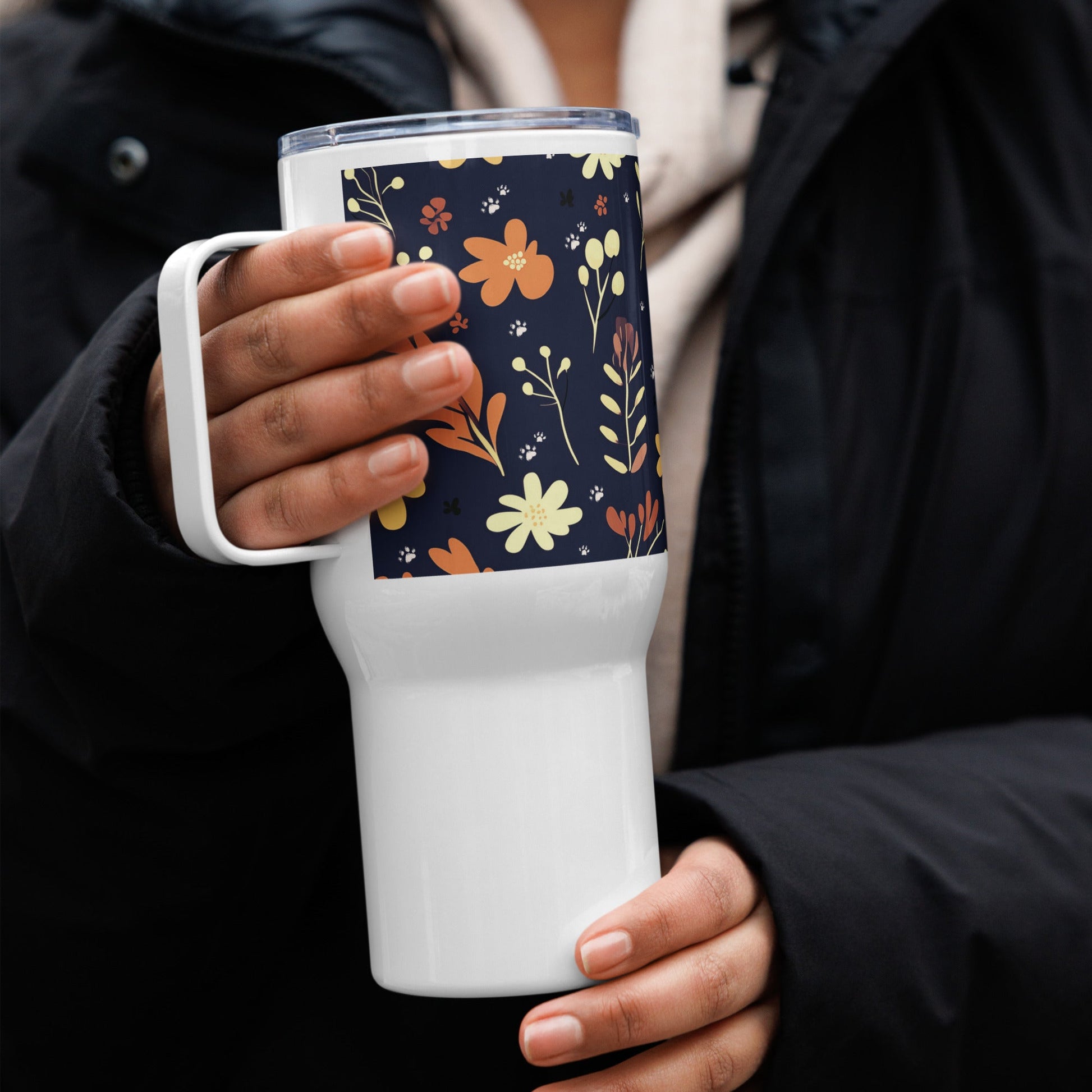 25oz Travel Mug with a Handle - Boho Flower and Paw Print Design [Blue] - Hobbster