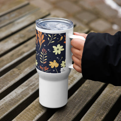 25oz Travel Mug with a Handle - Boho Flower and Paw Print Design [Blue] - Hobbster