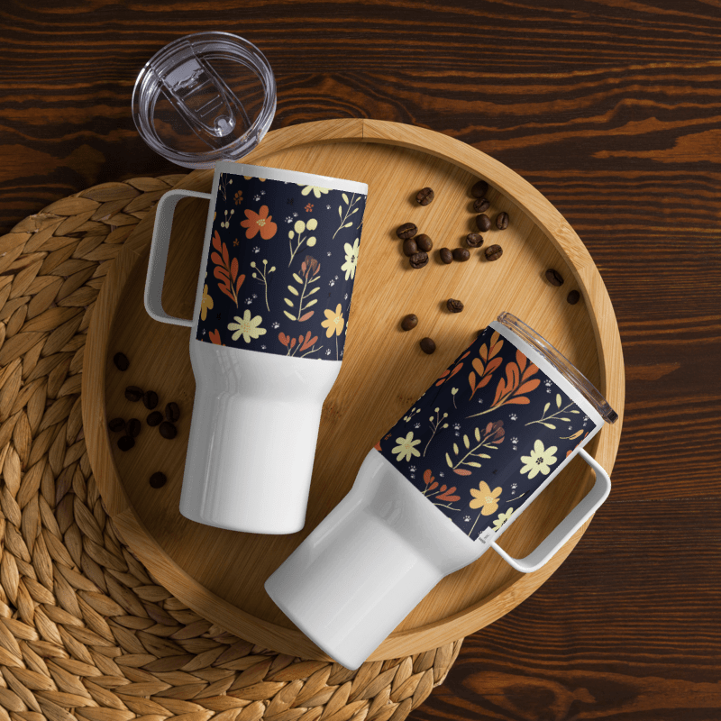 25oz Travel Mug with a Handle - Boho Flower and Paw Print Design [Blue] - Hobbster