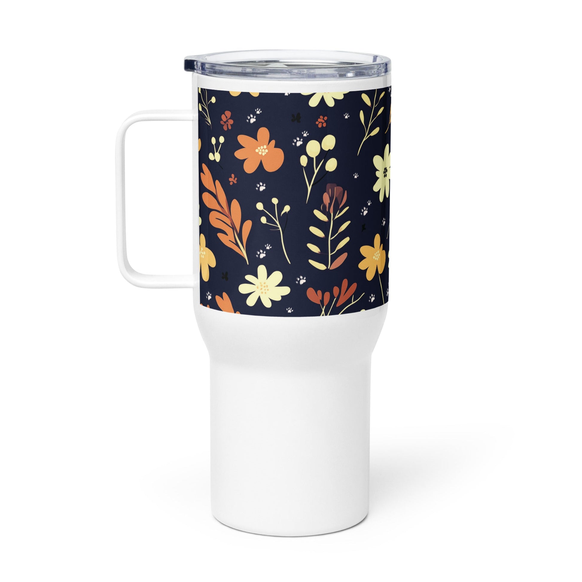 25oz Travel Mug with a Handle - Boho Flower and Paw Print Design [Blue] - Hobbster