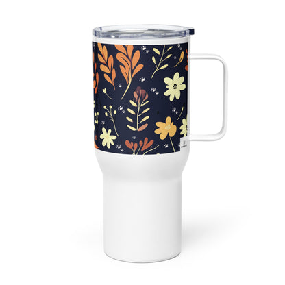 25oz Travel Mug with a Handle - Boho Flower and Paw Print Design [Blue] - Hobbster