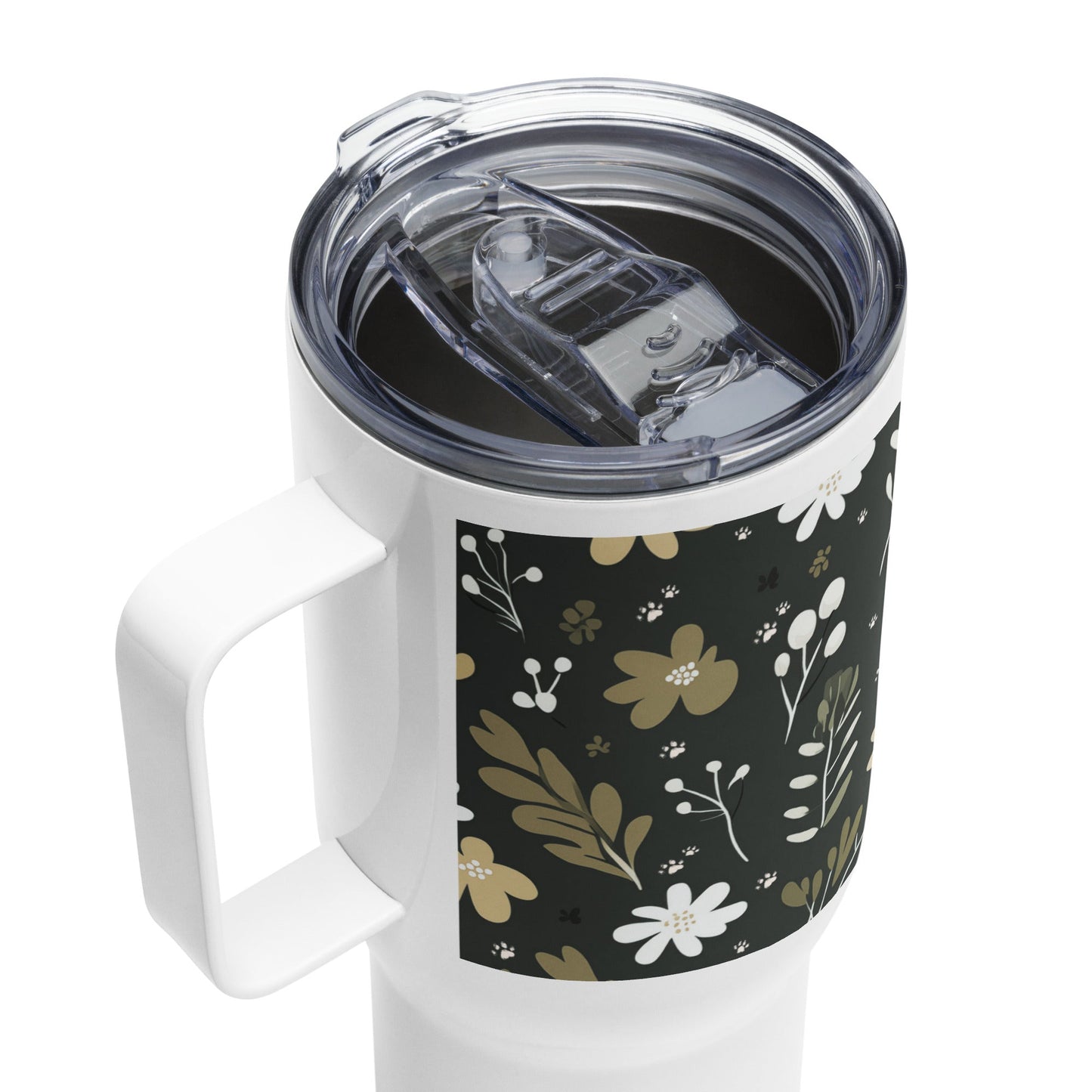 25oz Travel Mug with a Handle - Boho Flower and Paw Print Design [Green] - Hobbster