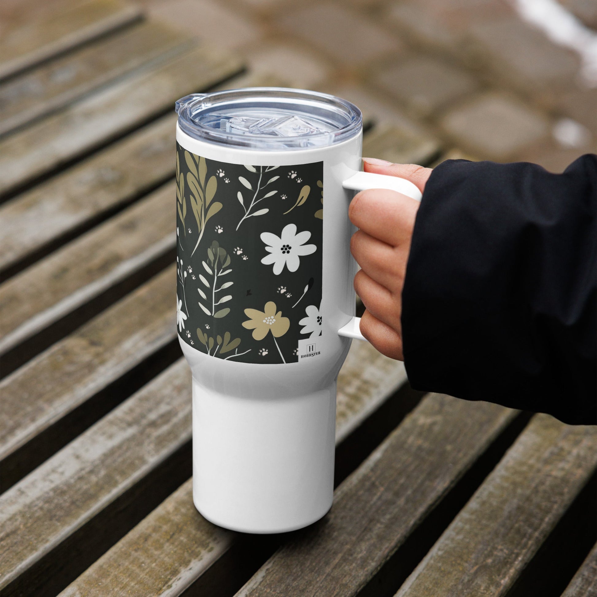 25oz Travel Mug with a Handle - Boho Flower and Paw Print Design [Green] - Hobbster