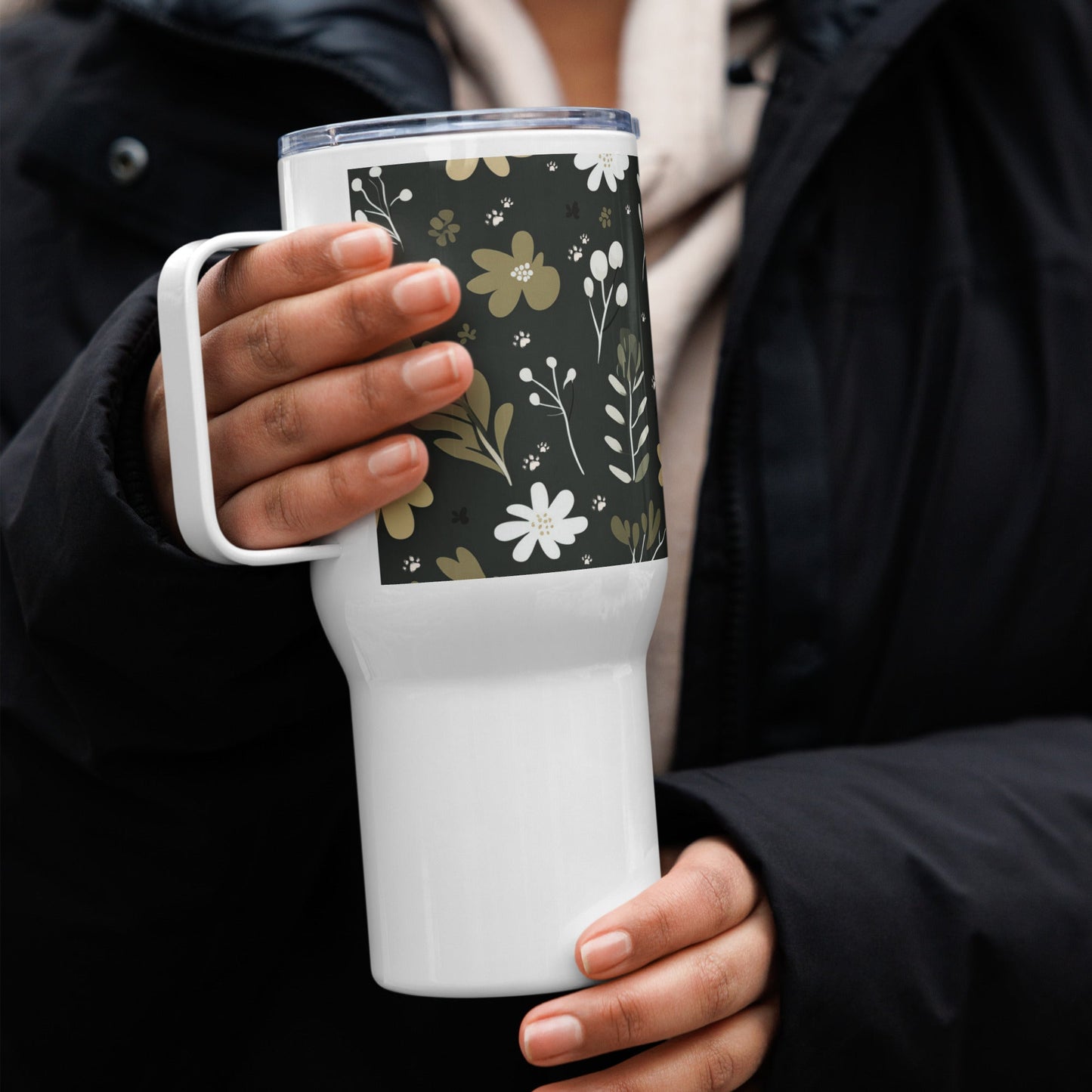 25oz Travel Mug with a Handle - Boho Flower and Paw Print Design [Green] - Hobbster