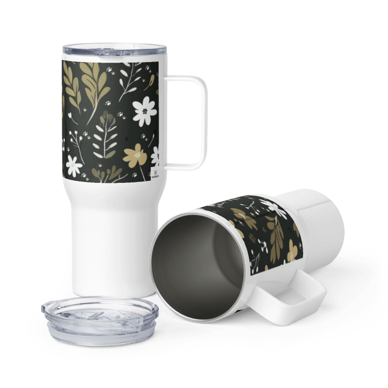 25oz Travel Mug with a Handle - Boho Flower and Paw Print Design [Green] - Hobbster