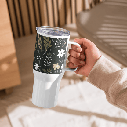 25oz Travel Mug with a Handle - Boho Flower and Paw Print Design [Green] - Hobbster