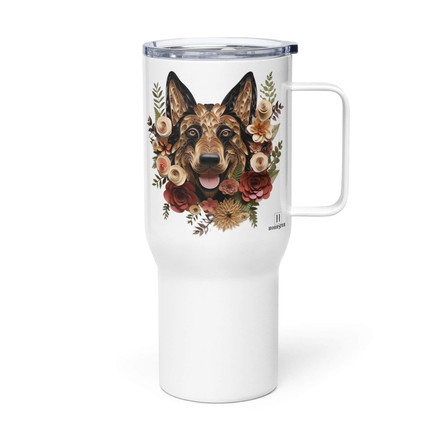 25oz Travel Mug with a Handle - German Shepherd Paper Quilling Design - Hobbster