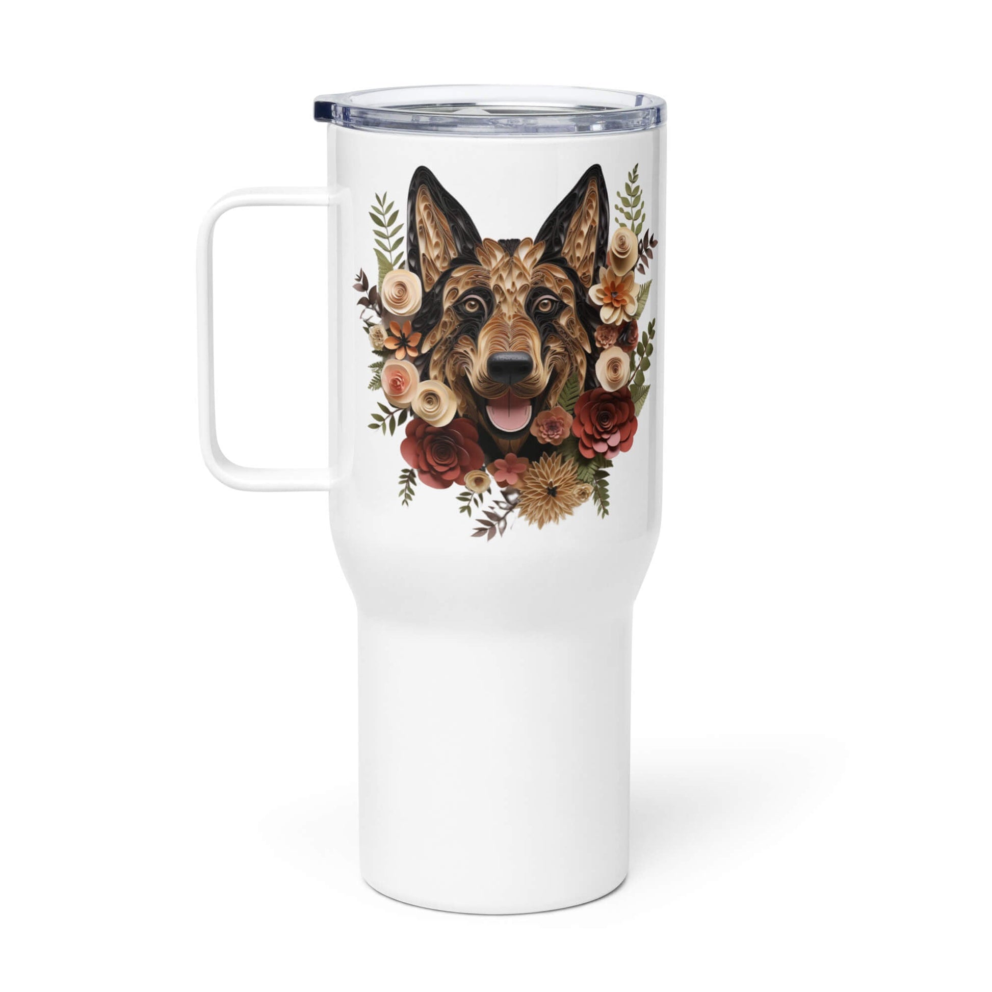 25oz Travel Mug with a Handle - German Shepherd Paper Quilling Design - Hobbster