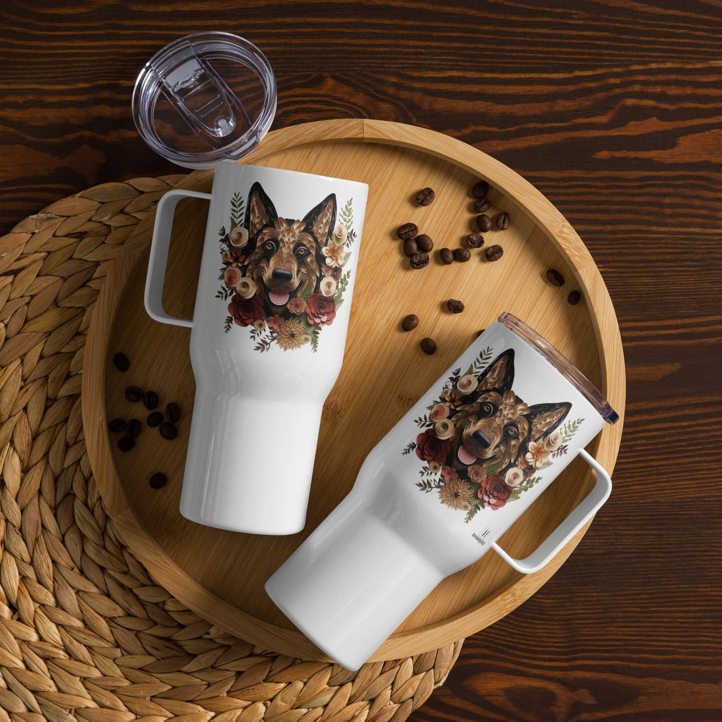 25oz Travel Mug with a Handle - German Shepherd Paper Quilling Design - Hobbster