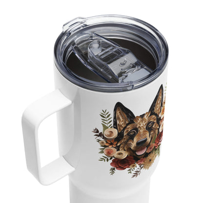 25oz Travel Mug with a Handle - German Shepherd Paper Quilling Design - Hobbster