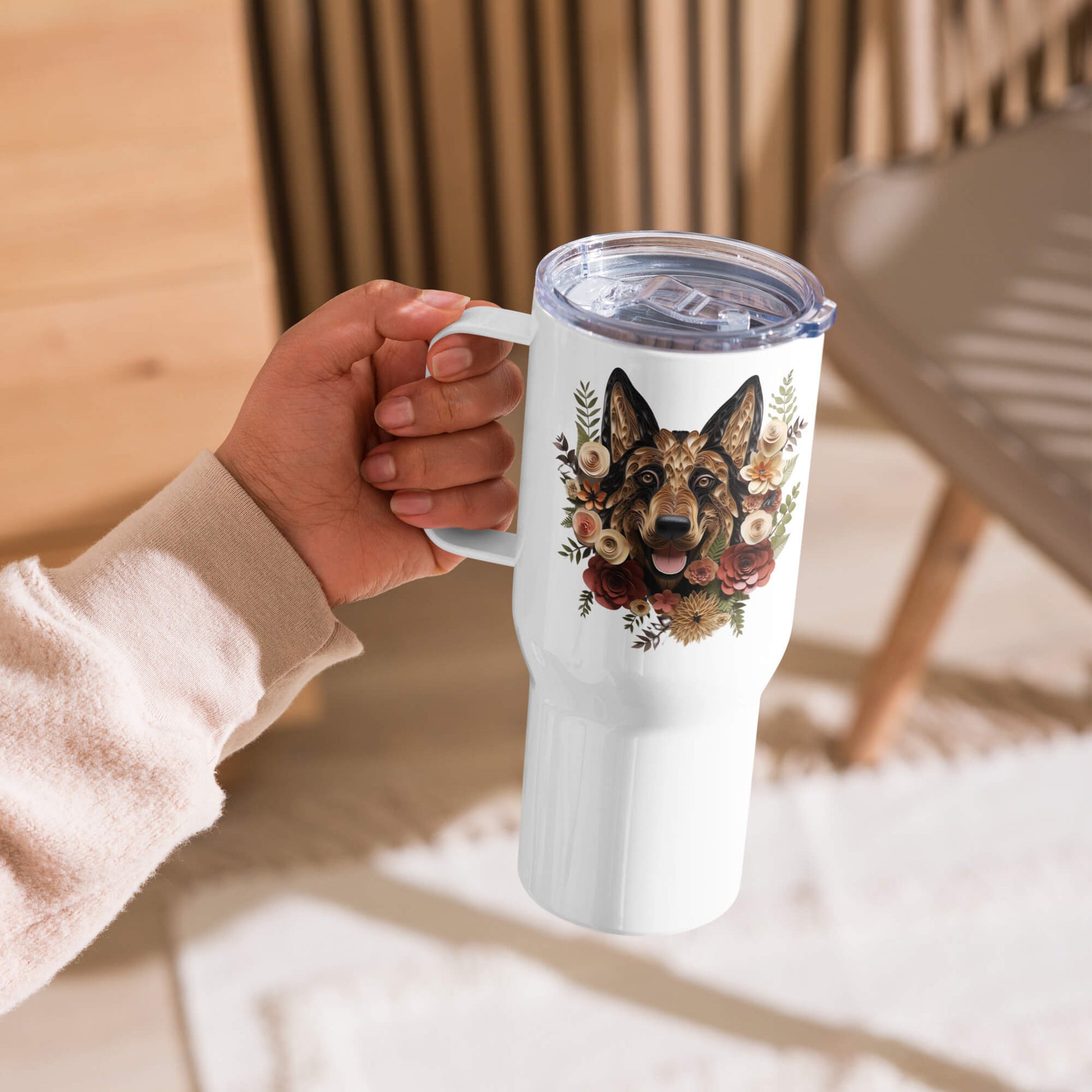 25oz Travel Mug with a Handle - German Shepherd Paper Quilling Design - Hobbster