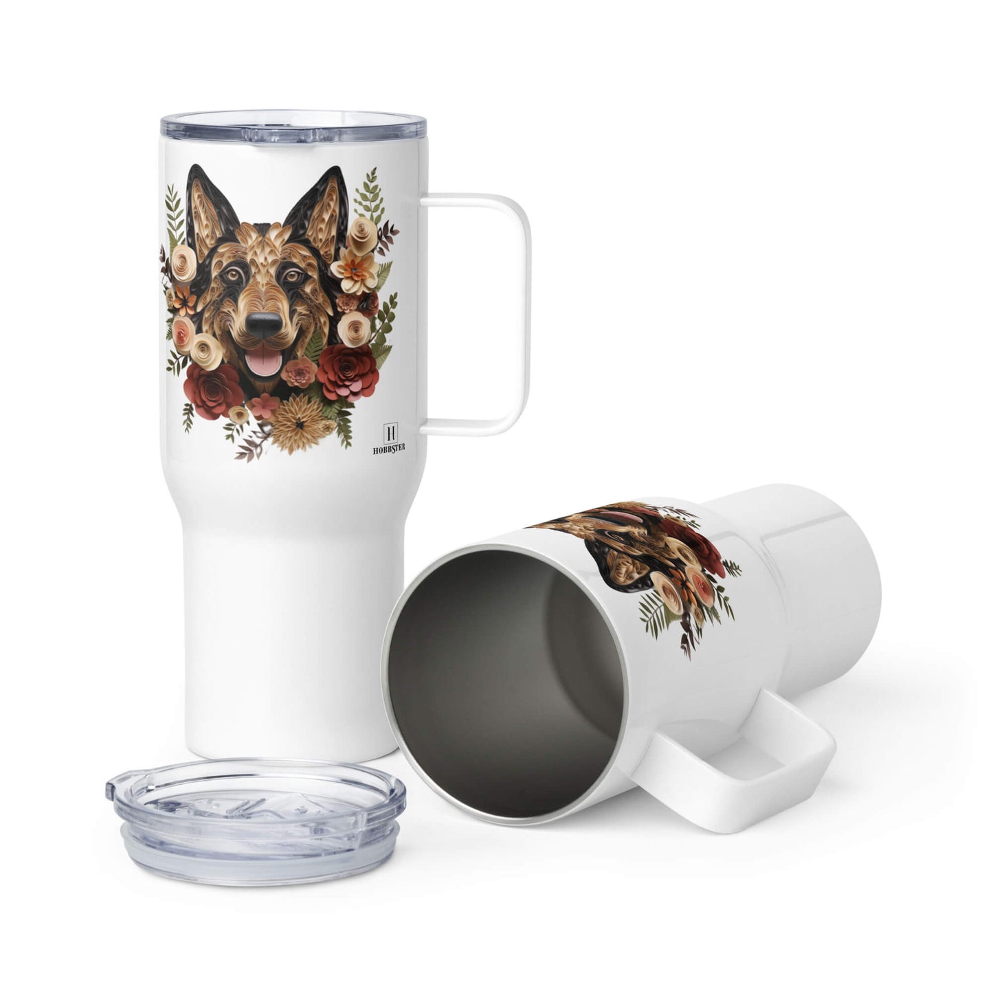 25oz Travel Mug with a Handle - German Shepherd Paper Quilling Design - Hobbster