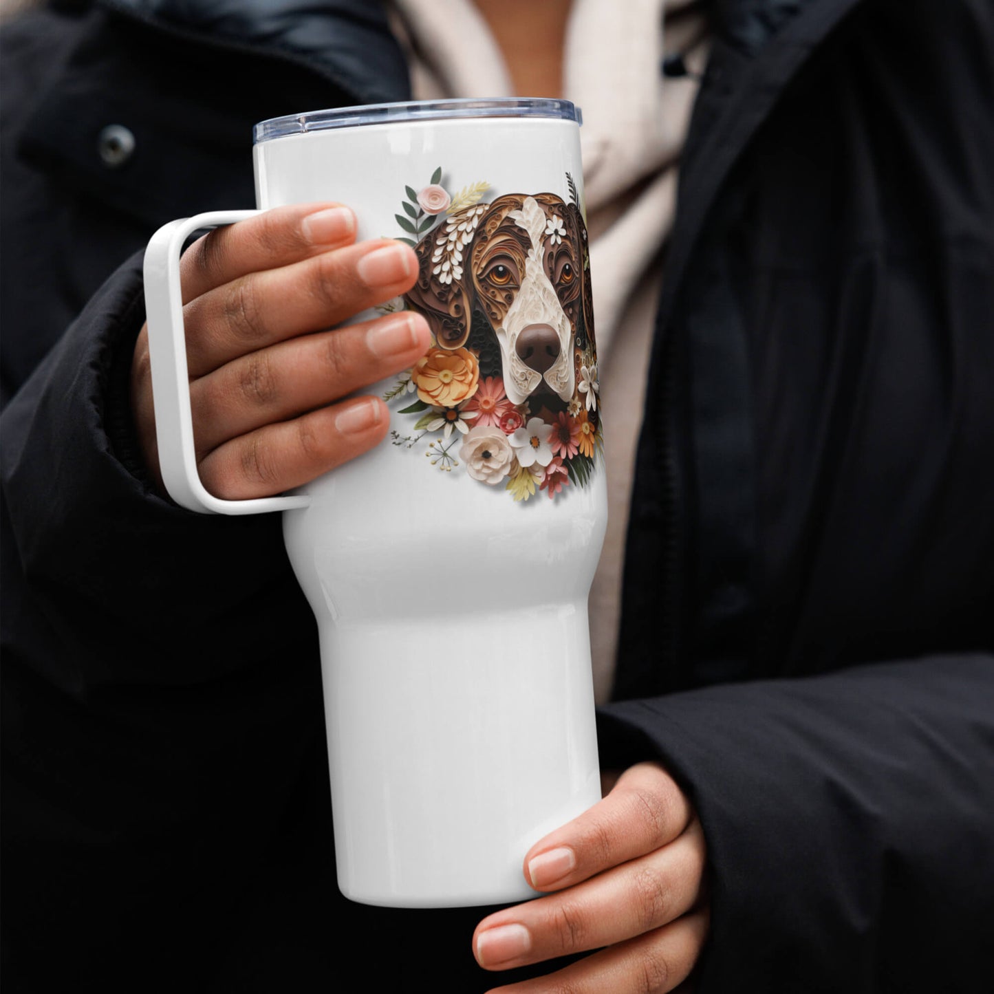 25oz Travel Mug with a Handle - German Short Hair Pointer Paper Quilling Design - Hobbster