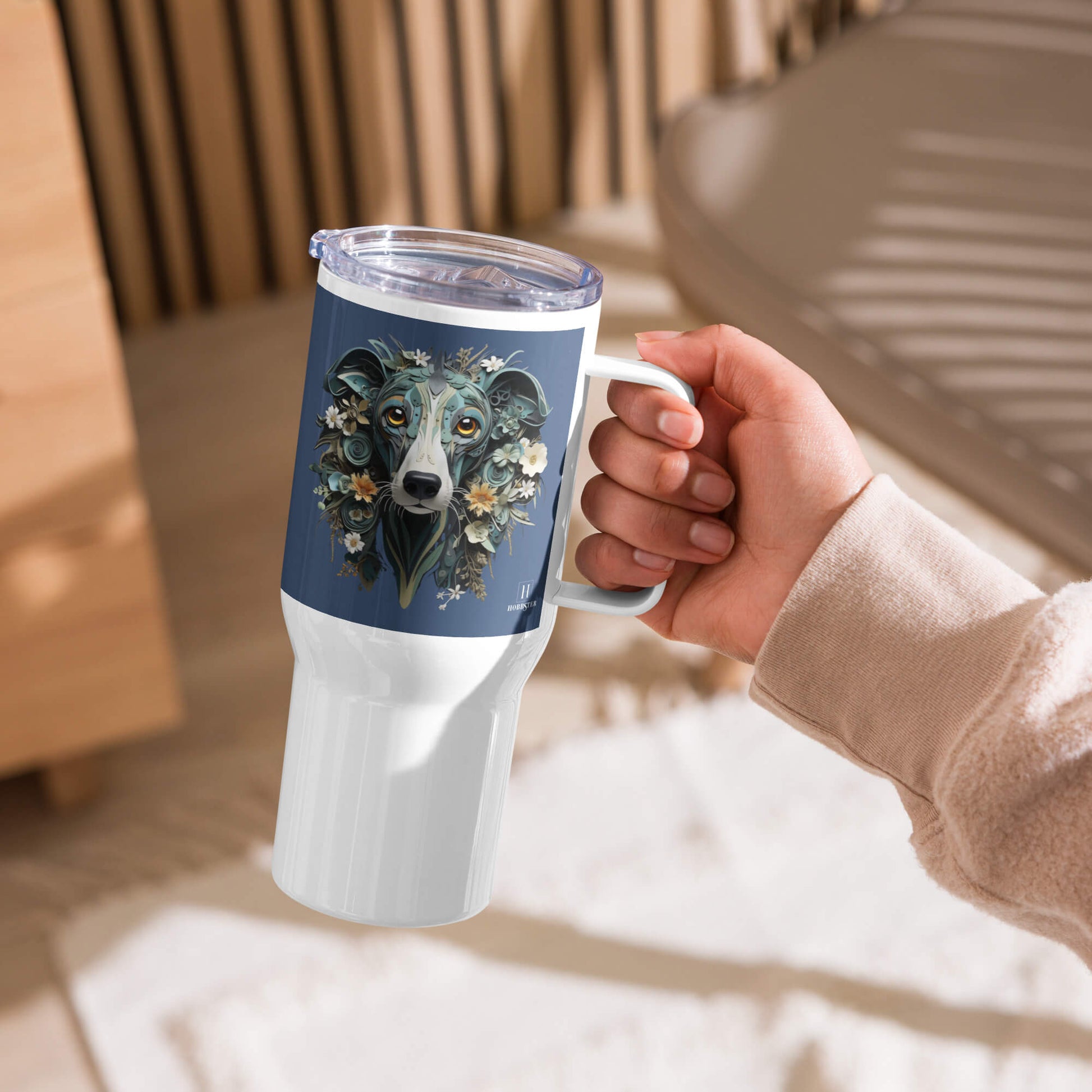 25oz Travel Mug with a Handle - Greyhound Paper Quilling Design - Hobbster