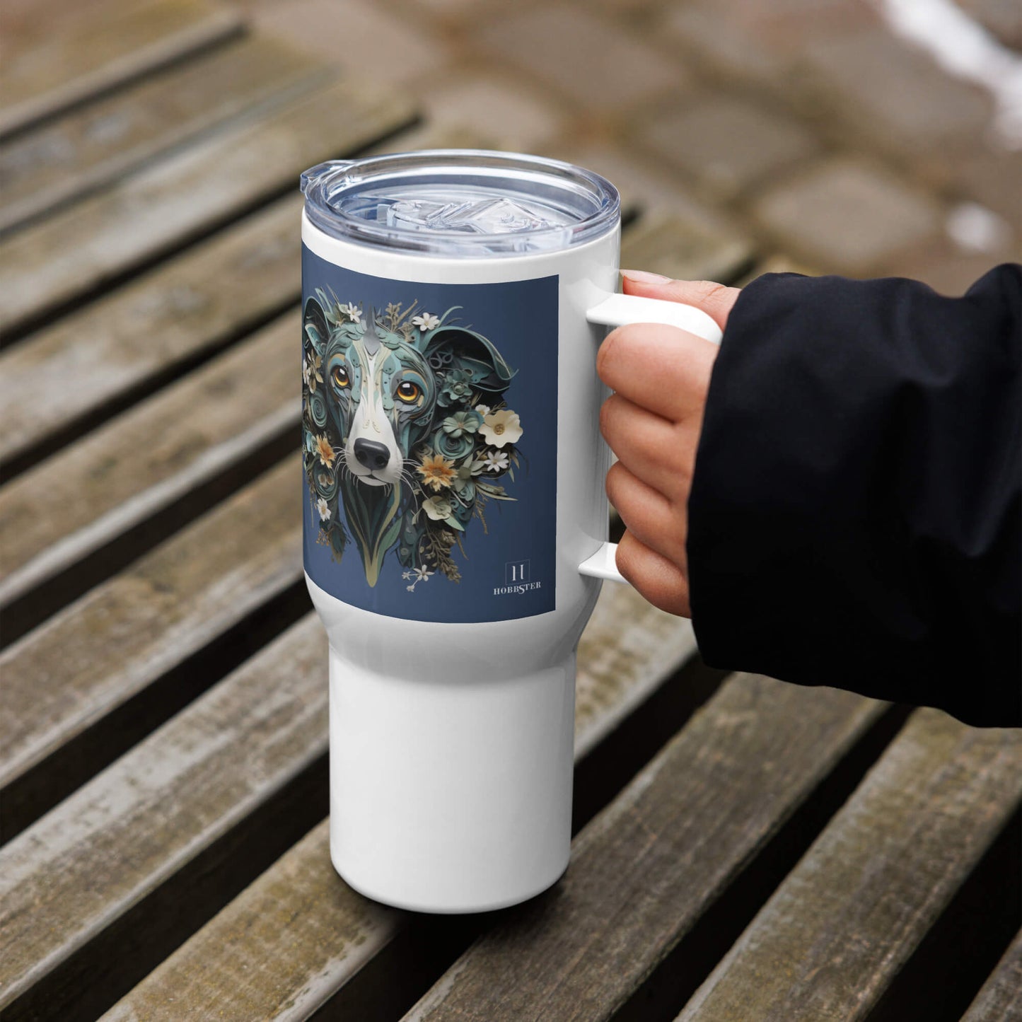 25oz Travel Mug with a Handle - Greyhound Paper Quilling Design - Hobbster