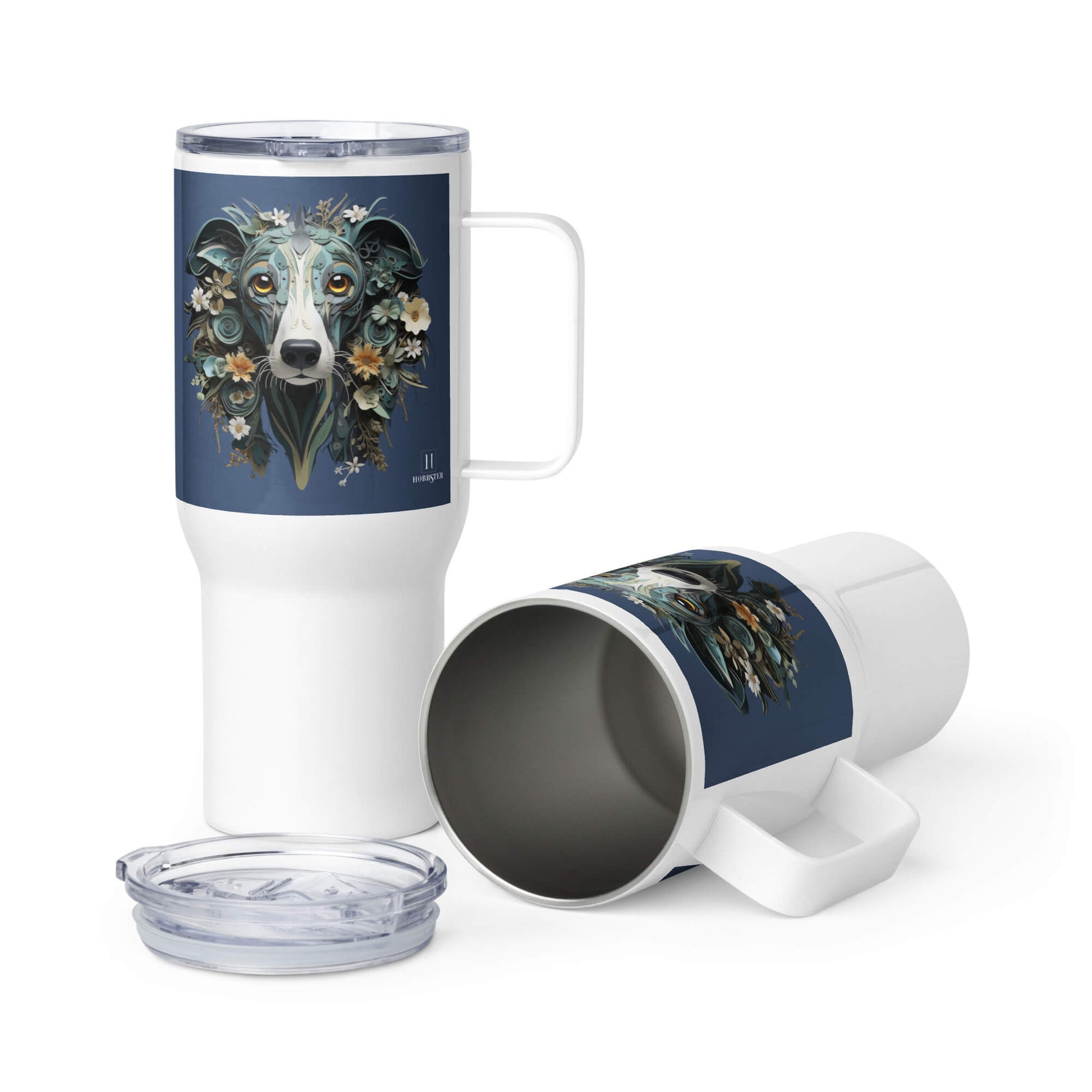 25oz Travel Mug with a Handle - Greyhound Paper Quilling Design - Hobbster