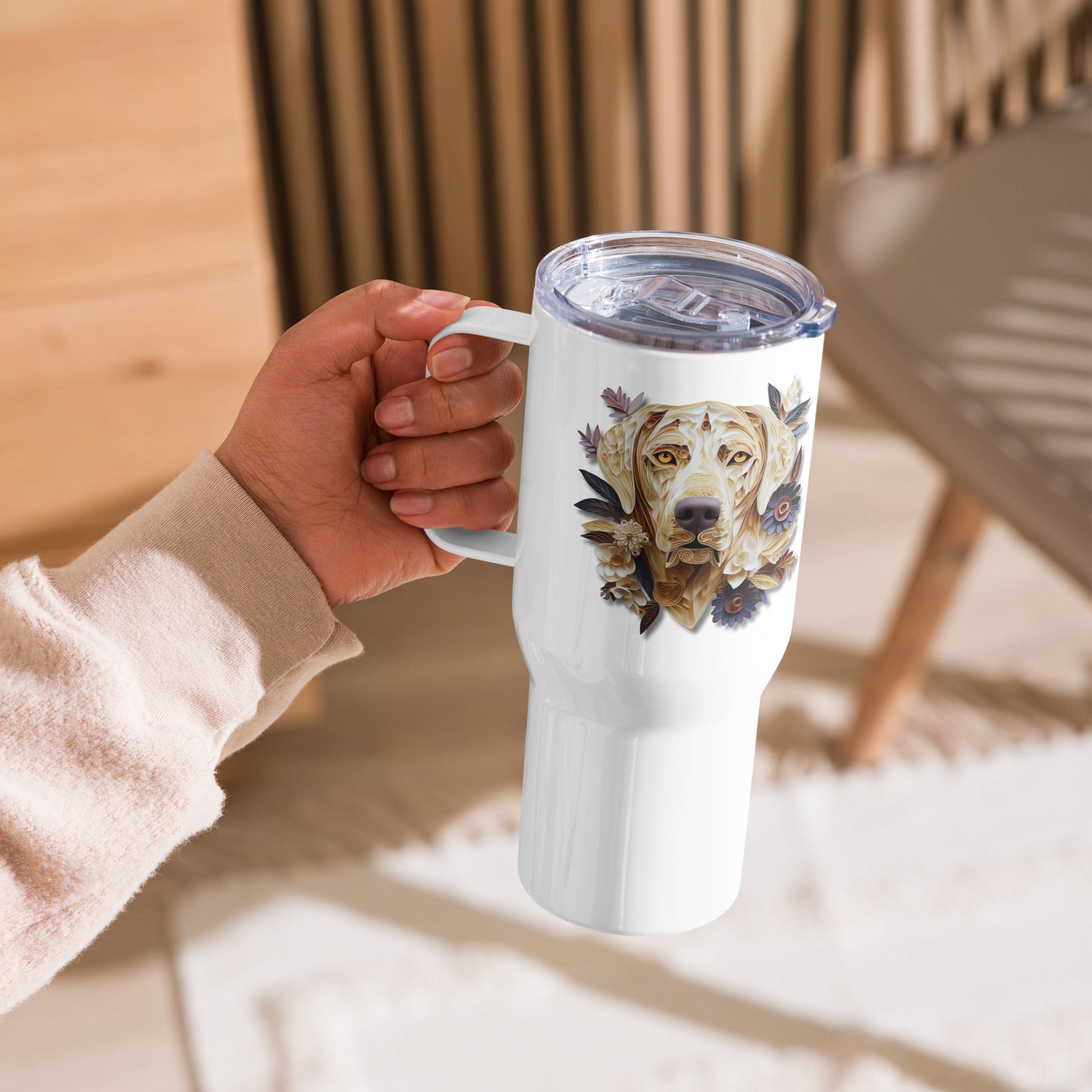 25oz Travel Mug with a Handle - Labrador Paper Quilling Design - Hobbster