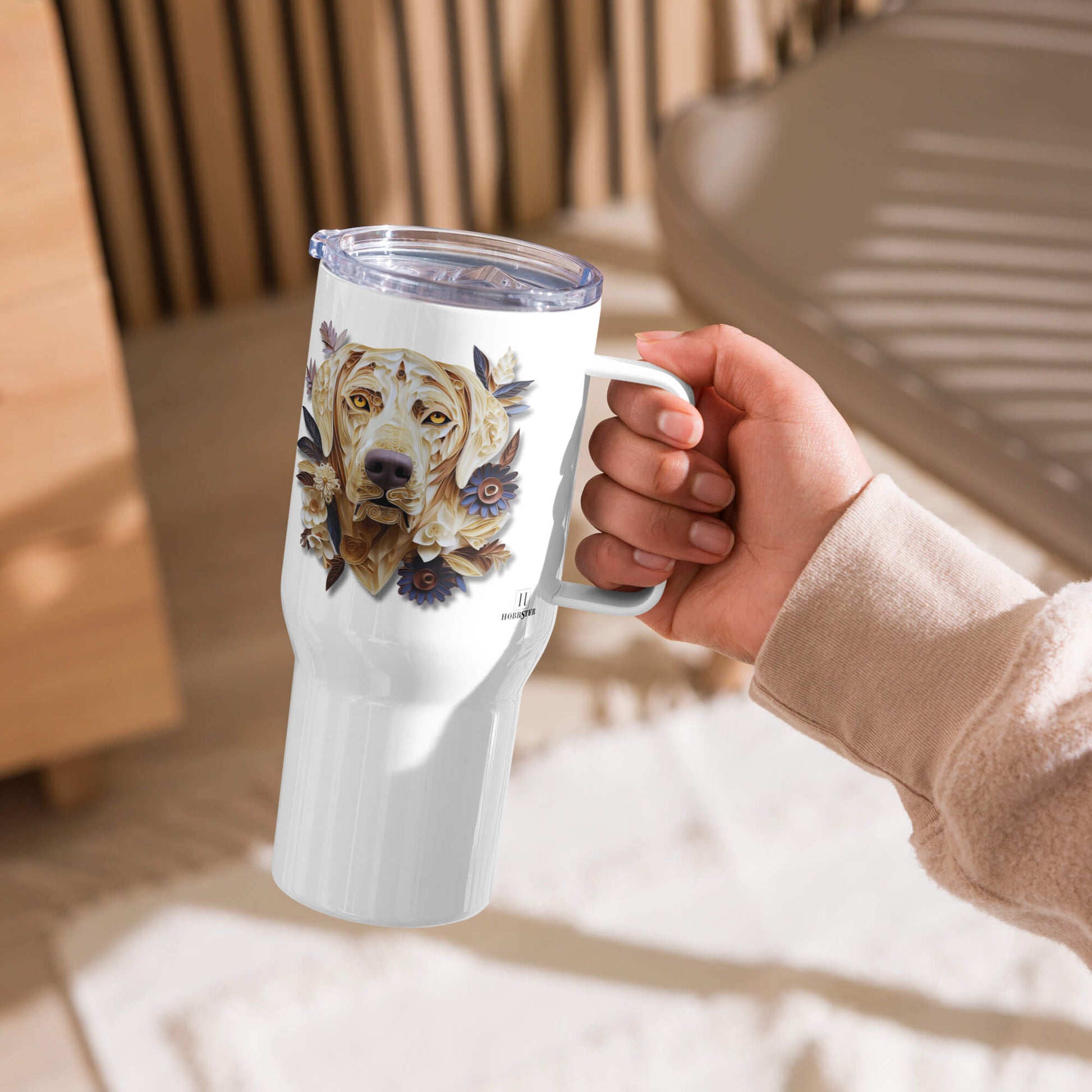 25oz Travel Mug with a Handle - Labrador Paper Quilling Design - Hobbster