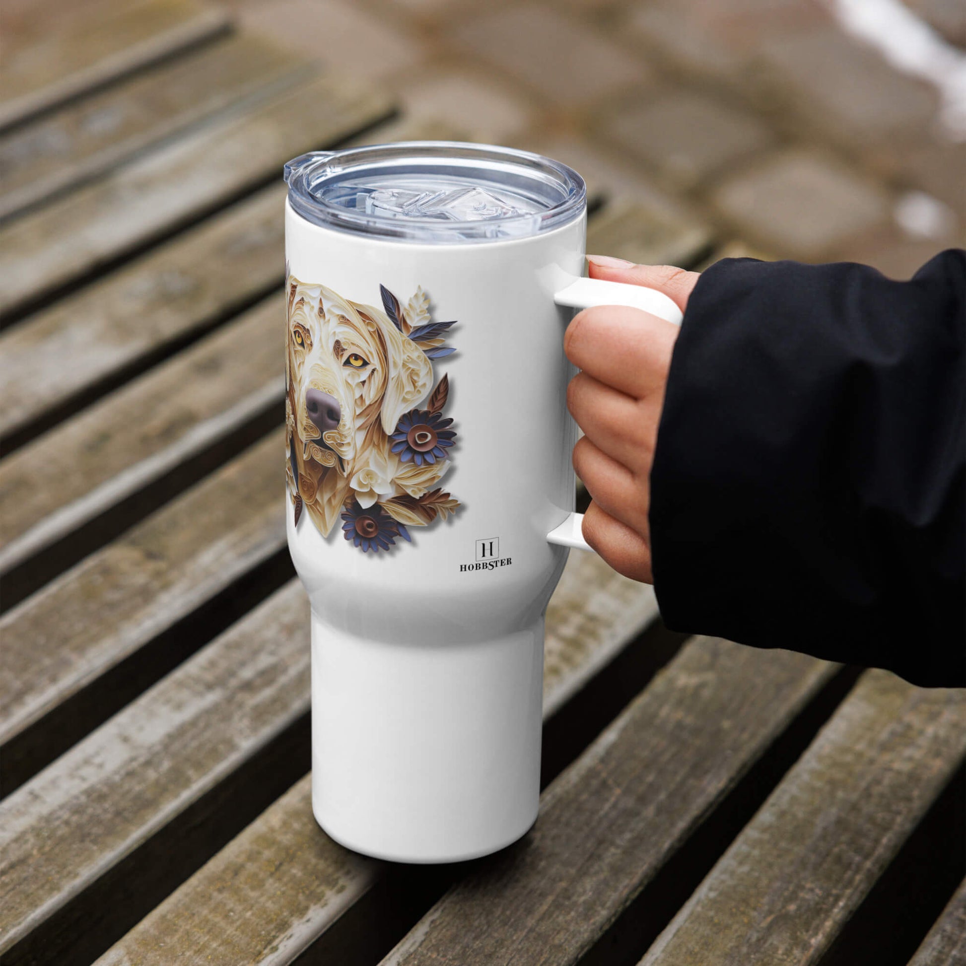 25oz Travel Mug with a Handle - Labrador Paper Quilling Design - Hobbster