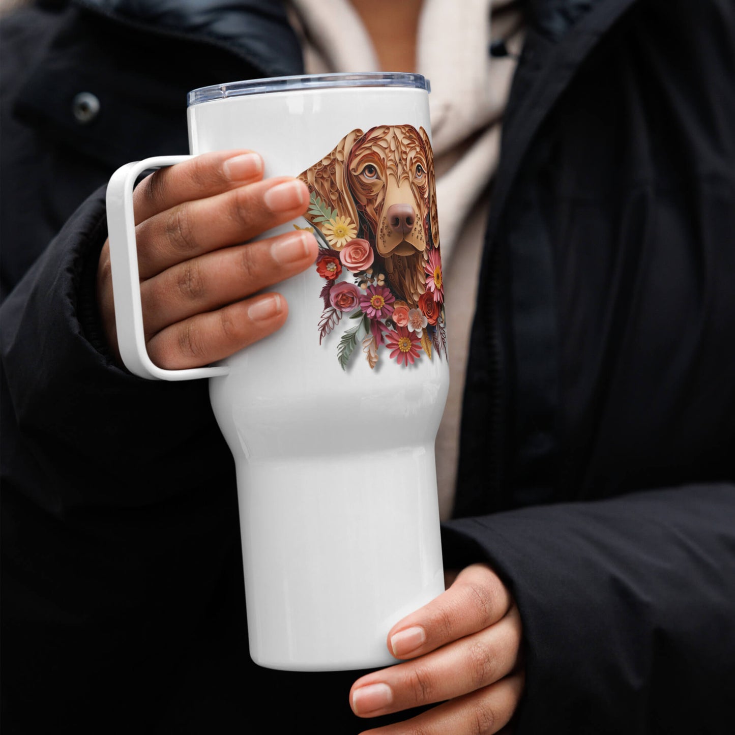 25oz Travel Mug with a Handle - Vizsla Paper Quilling Design - Hobbster