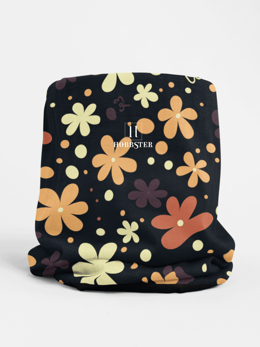 Black Winter Neck Gaiter With Drawstring featuring unique multicolour boho flower design - Hobbster