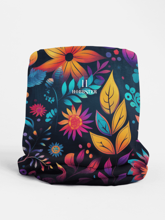 Black Winter Neck Gaiter With Drawstring featuring unique multicolour floral design - Hobbster