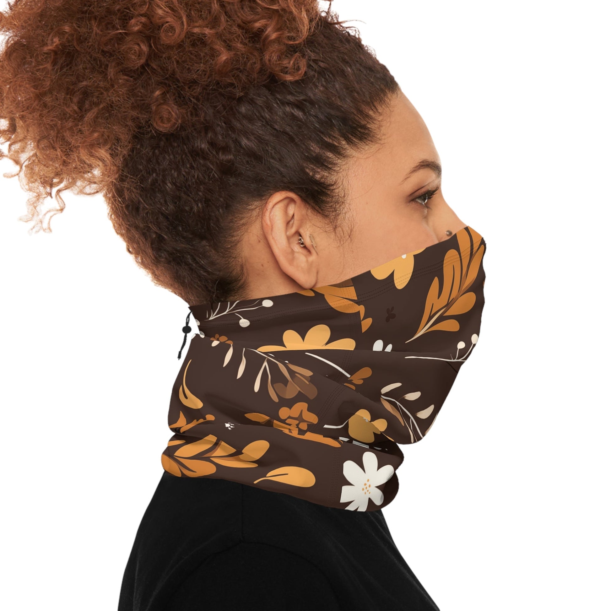 Brown Winter Neck Gaiter With Drawstring featuring unique boho plant design - Hobbster