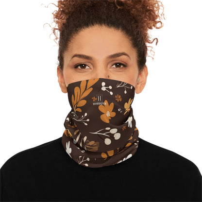 Brown Winter Neck Gaiter With Drawstring featuring unique boho plant design - Hobbster