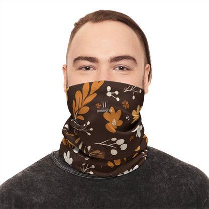 Brown Winter Neck Gaiter With Drawstring featuring unique boho plant design - Hobbster