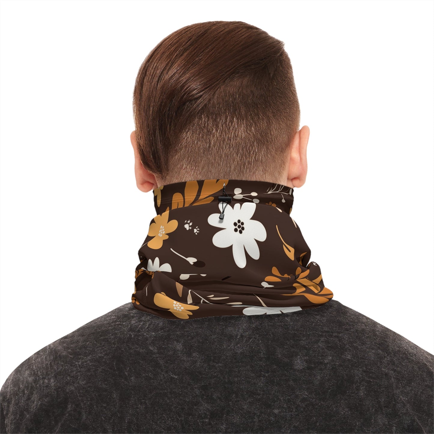 Brown Winter Neck Gaiter With Drawstring featuring unique boho plant design - Hobbster