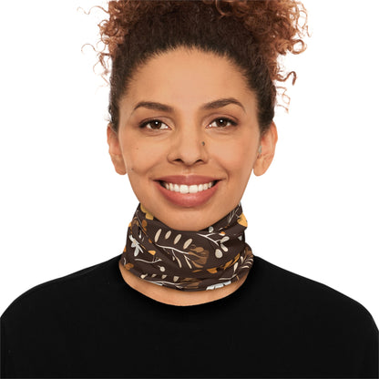 Brown Winter Neck Gaiter With Drawstring featuring unique boho plant design - Hobbster