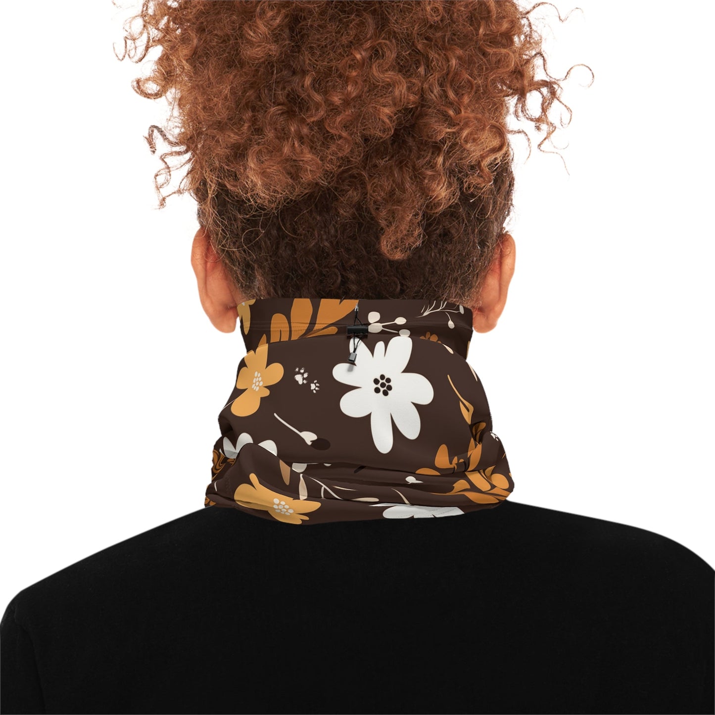 Brown Winter Neck Gaiter With Drawstring featuring unique boho plant design - Hobbster