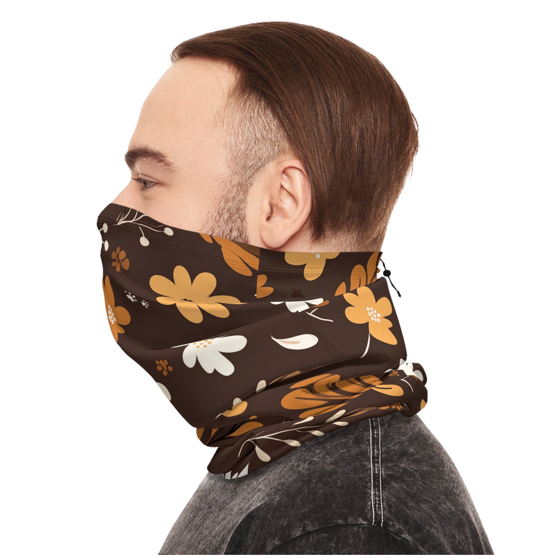 Brown Winter Neck Gaiter With Drawstring featuring unique boho plant design - Hobbster