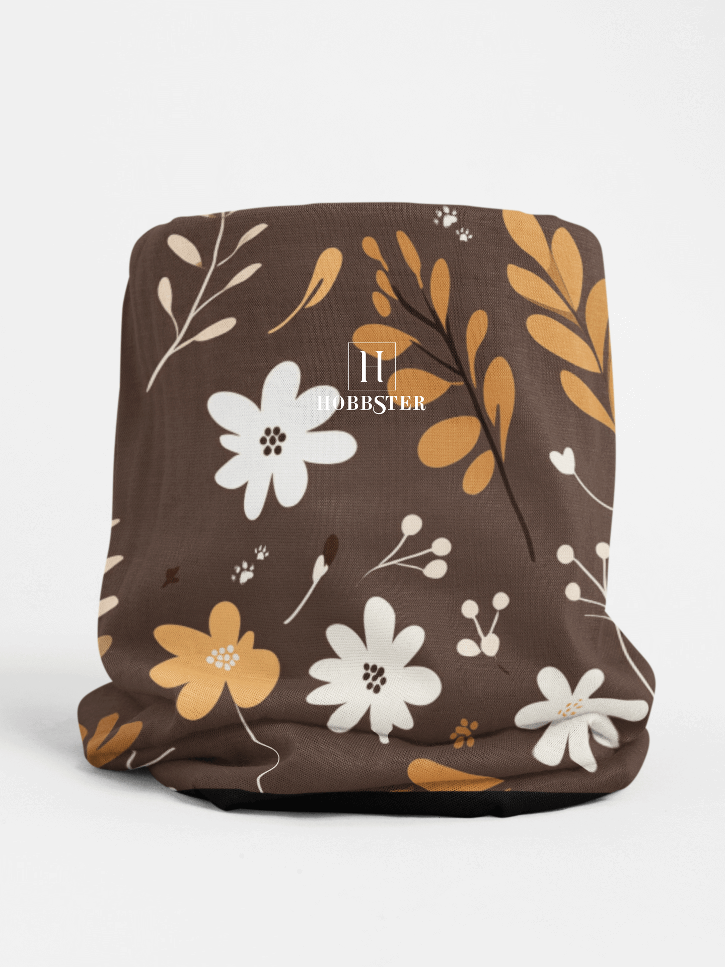 Brown Winter Neck Gaiter With Drawstring featuring unique boho plant design - Hobbster