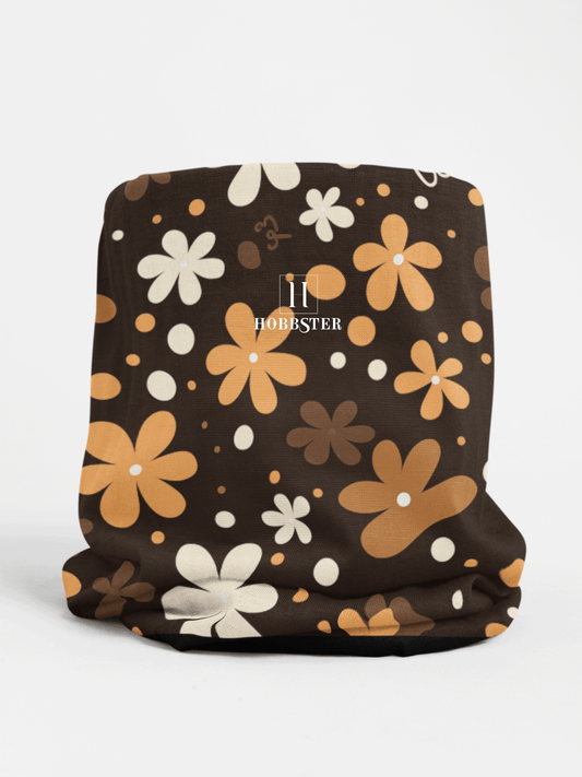 Brown Winter Neck Gaiter With Drawstring featuring unique brown boho plant design - Hobbster