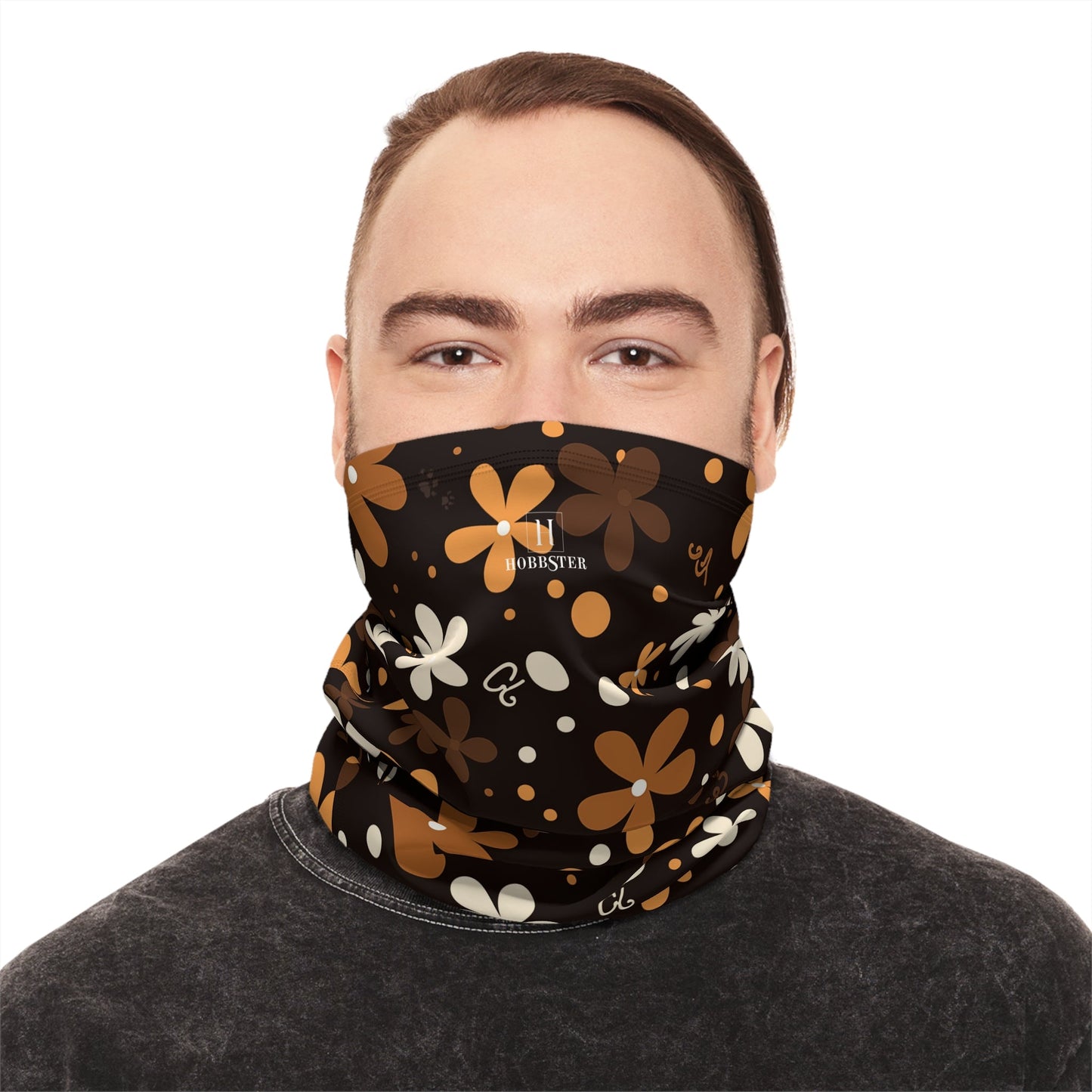 Brown Winter Neck Gaiter With Drawstring featuring unique brown boho plant design - Hobbster