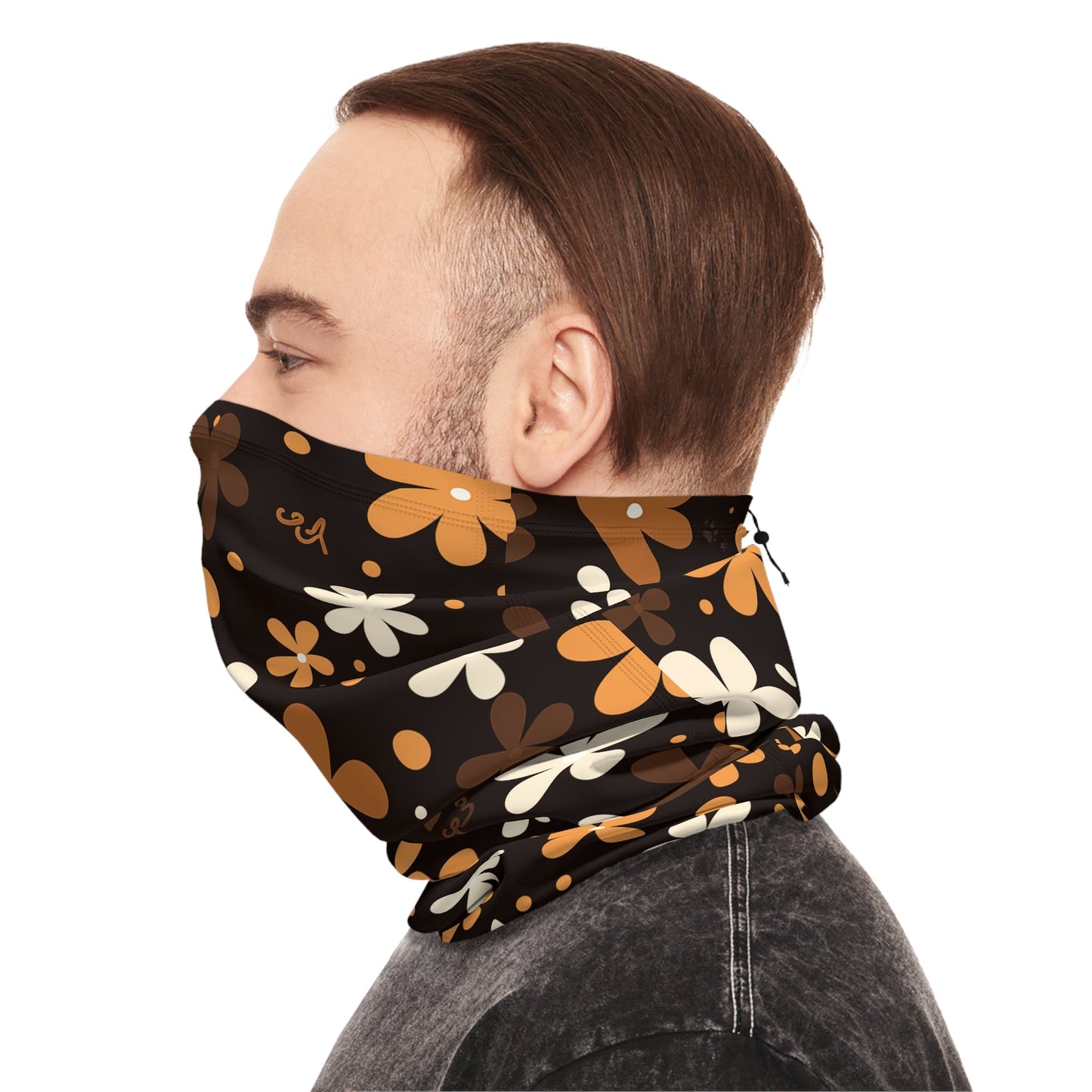 Brown Winter Neck Gaiter With Drawstring featuring unique brown boho plant design - Hobbster