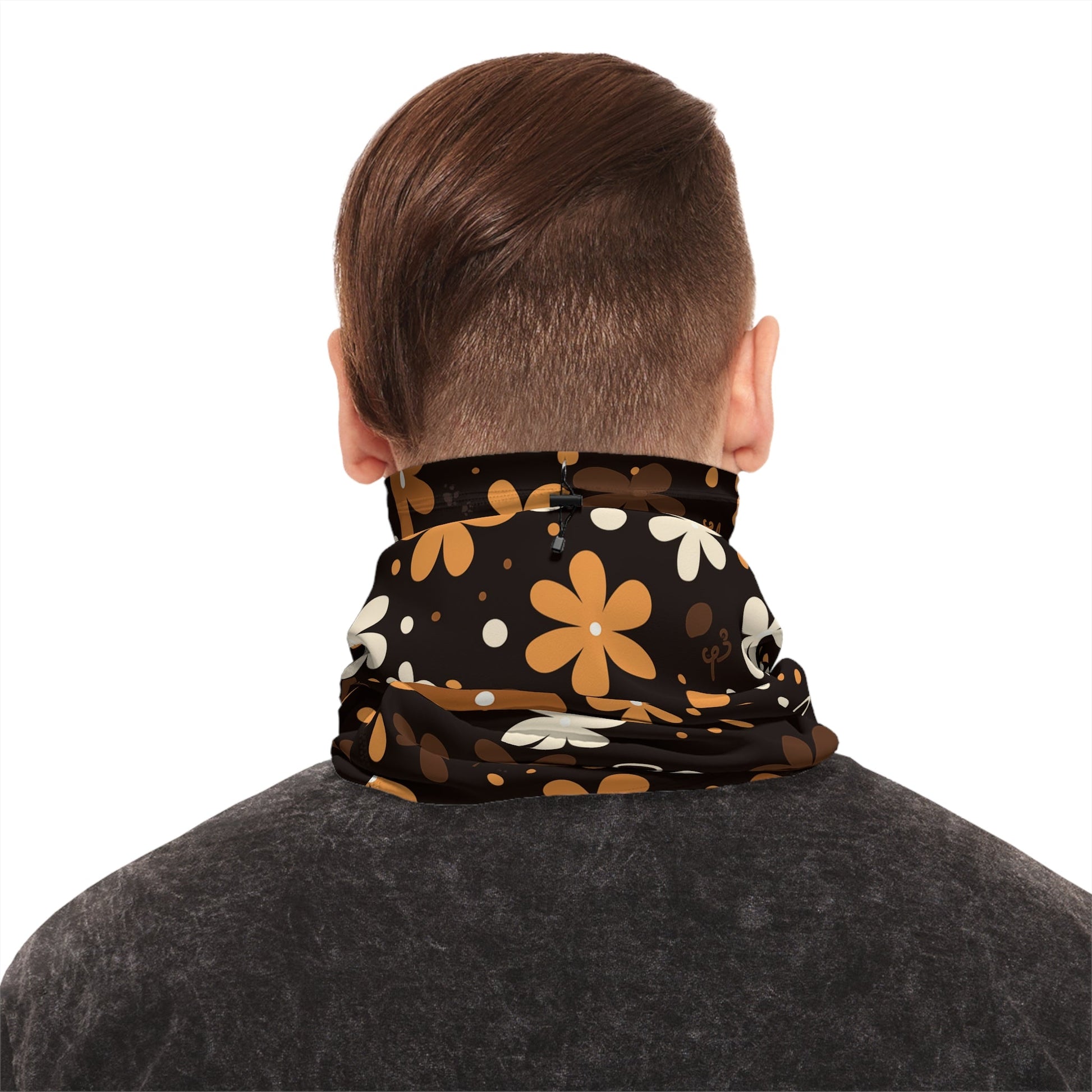 Brown Winter Neck Gaiter With Drawstring featuring unique brown boho plant design - Hobbster