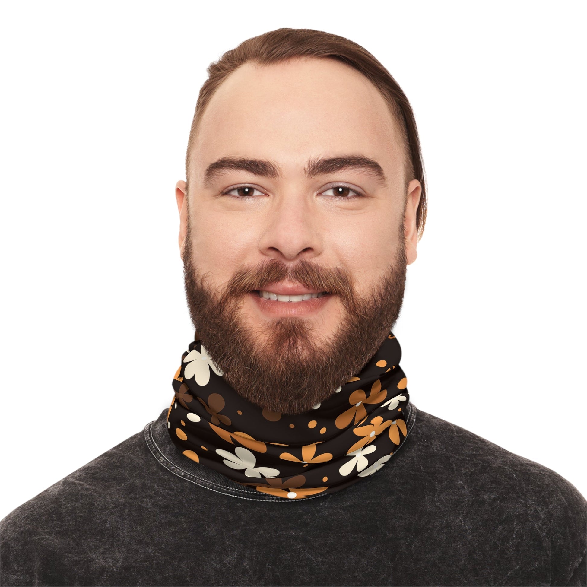 Brown Winter Neck Gaiter With Drawstring featuring unique brown boho plant design - Hobbster