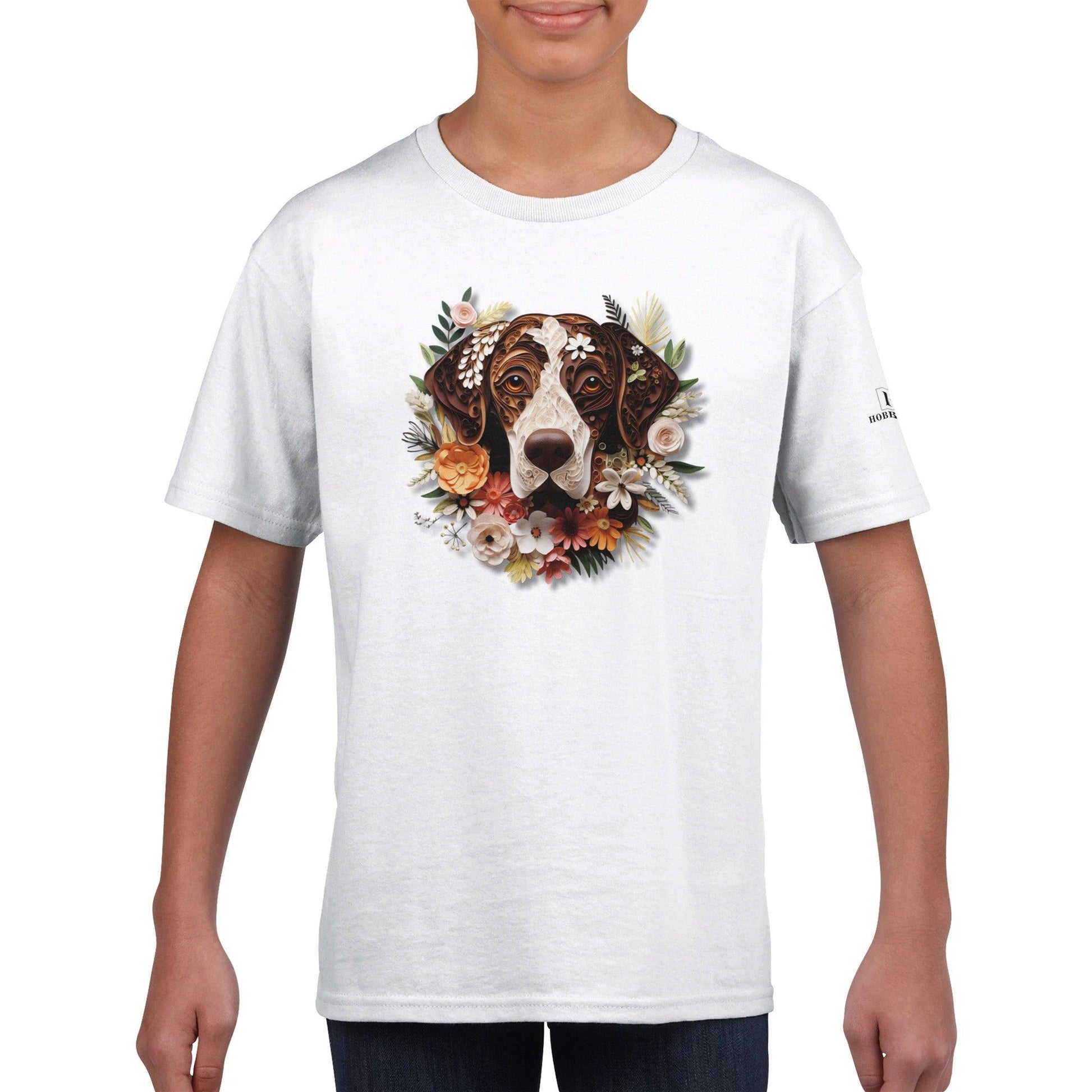 Classic Kids Crewneck T-shirt with German Short Hair Pointer Paper Quill Design - Hobbster