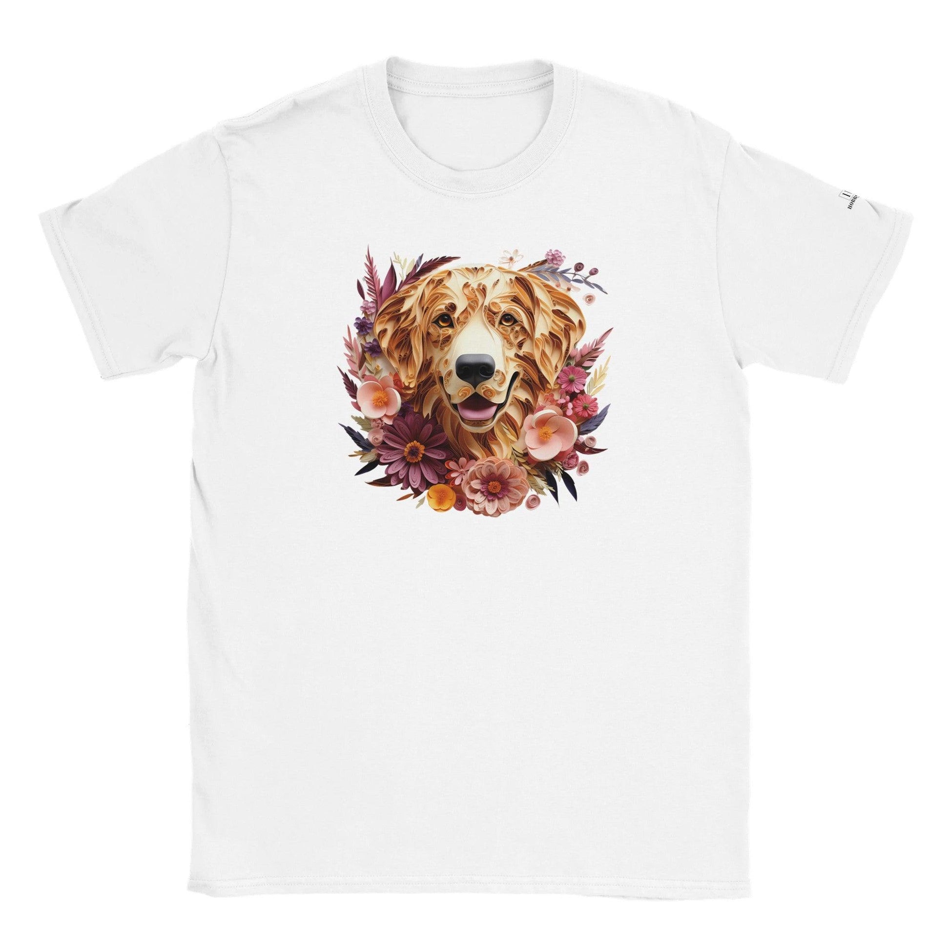 Classic Kids Crewneck T-shirt with Golden Retriever Paper Quill Design - Hobbster