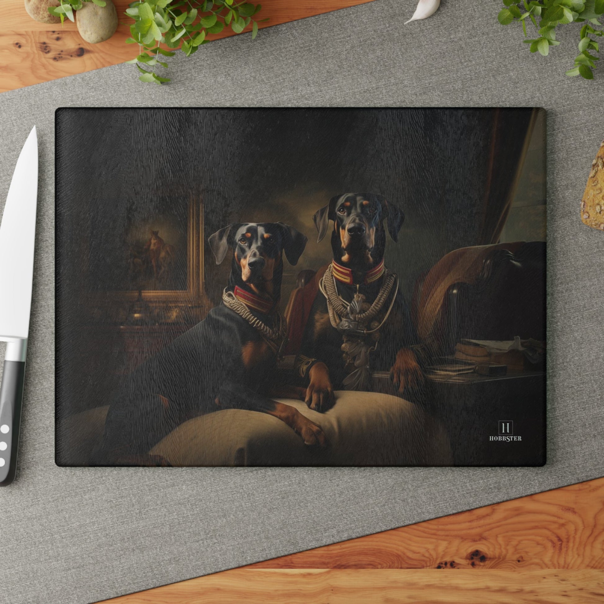 Custom design Glass Cutting Board featuring Art Deco Dobermans - Hobbster