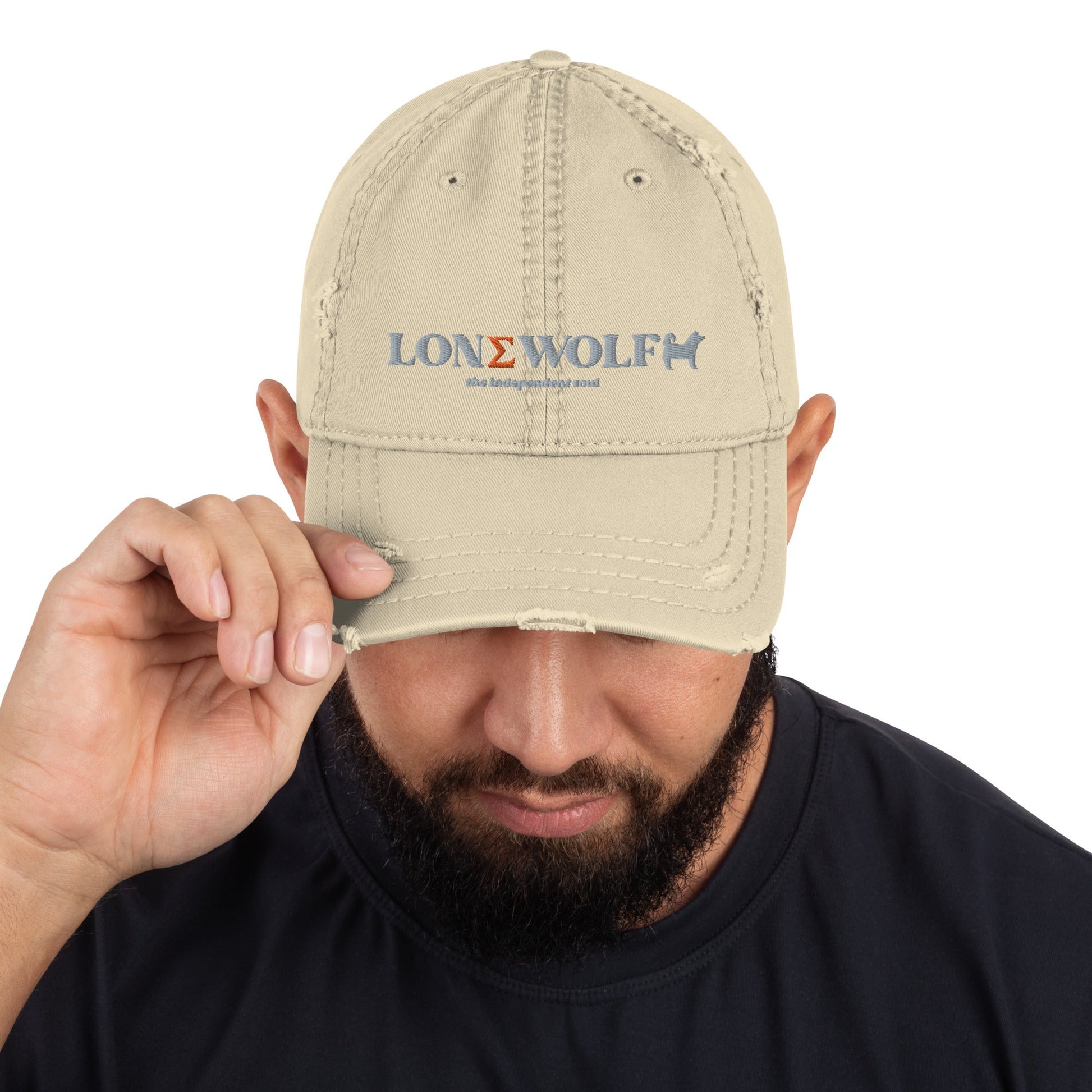 Distressed Dad Hat with Embroidered Lone Wolf Slogan - Hobbster
