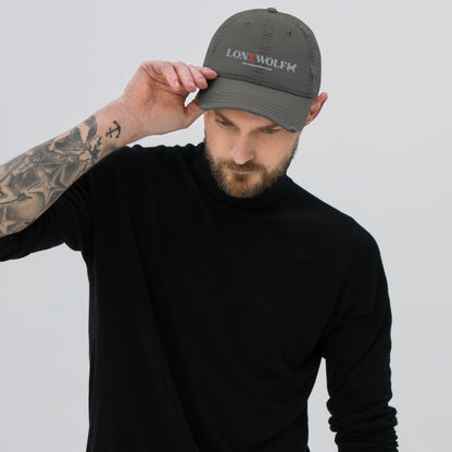 Distressed Dad Hat with Embroidered Lone Wolf Slogan - Hobbster