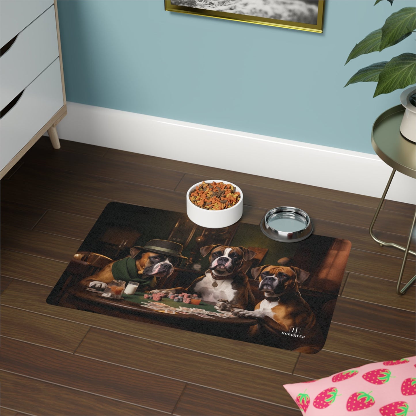 Dog Food Mat with Boxer Dogs playing cards design - Hobbster