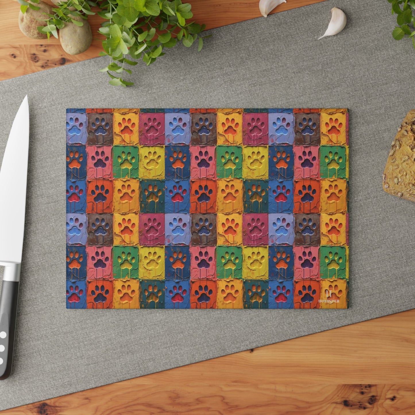 Glass Cutting Board Featuring Large Painted Paw Prints - Hobbster