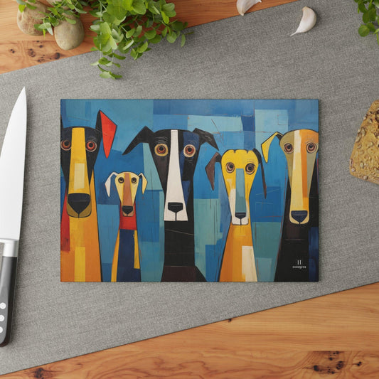 Glass Cutting Board Featuring The Original Dog Pack Design - Hobbster
