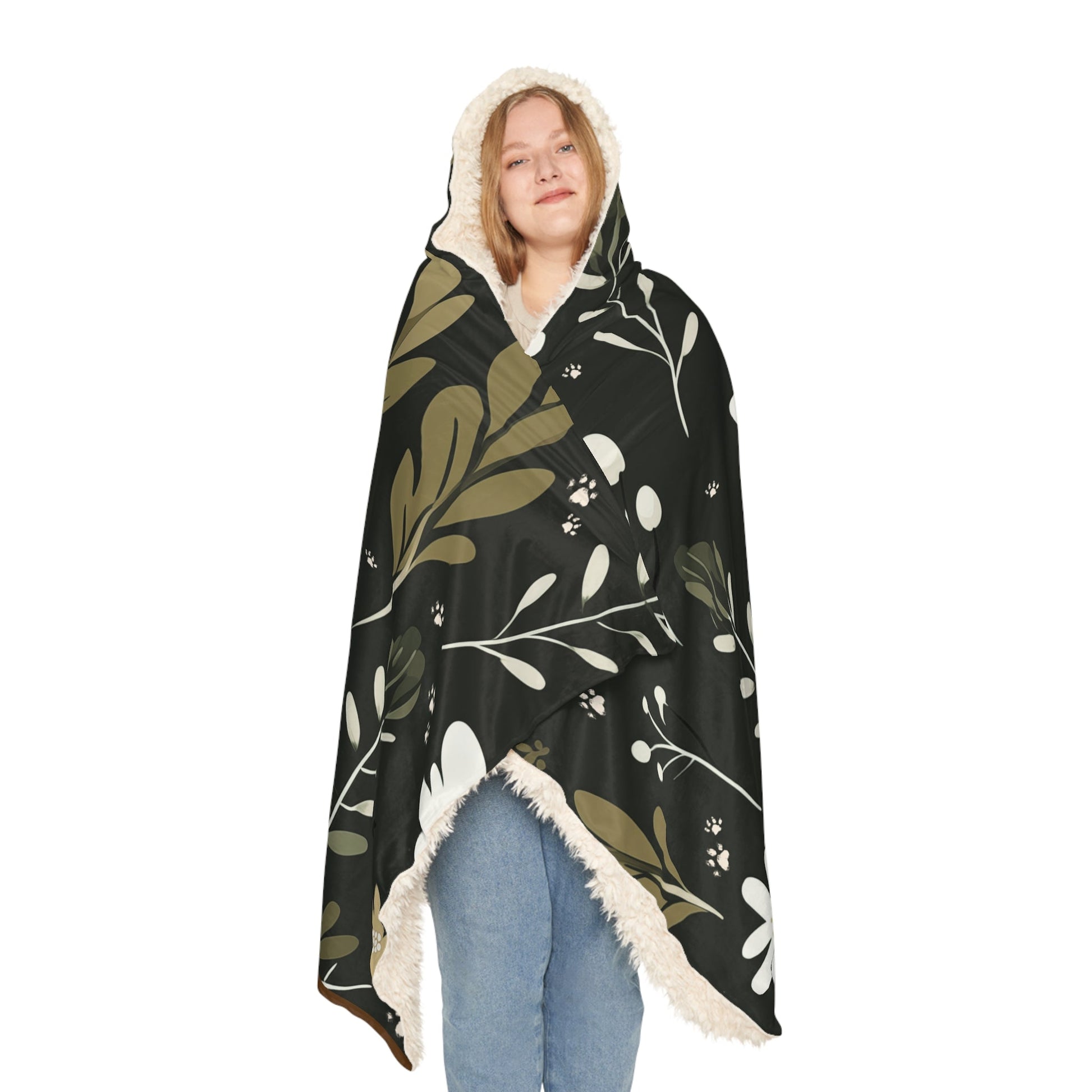 Hooded Sherpa Blanket - Green Boho design with Paw Prints - Hobbster