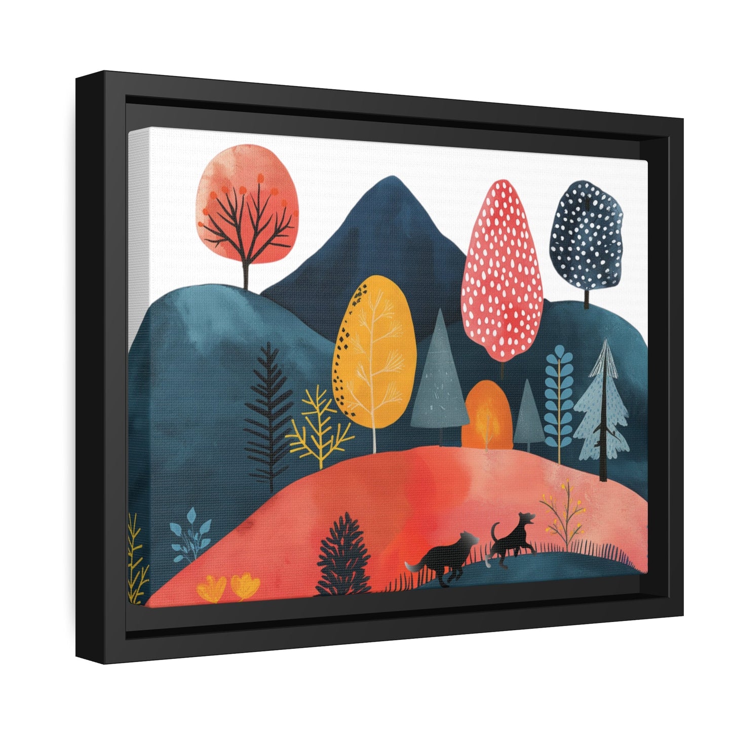 Matte Black Canvas Picture Frame featuring Cottage Core Style Dogs Running Free Design - Hobbster